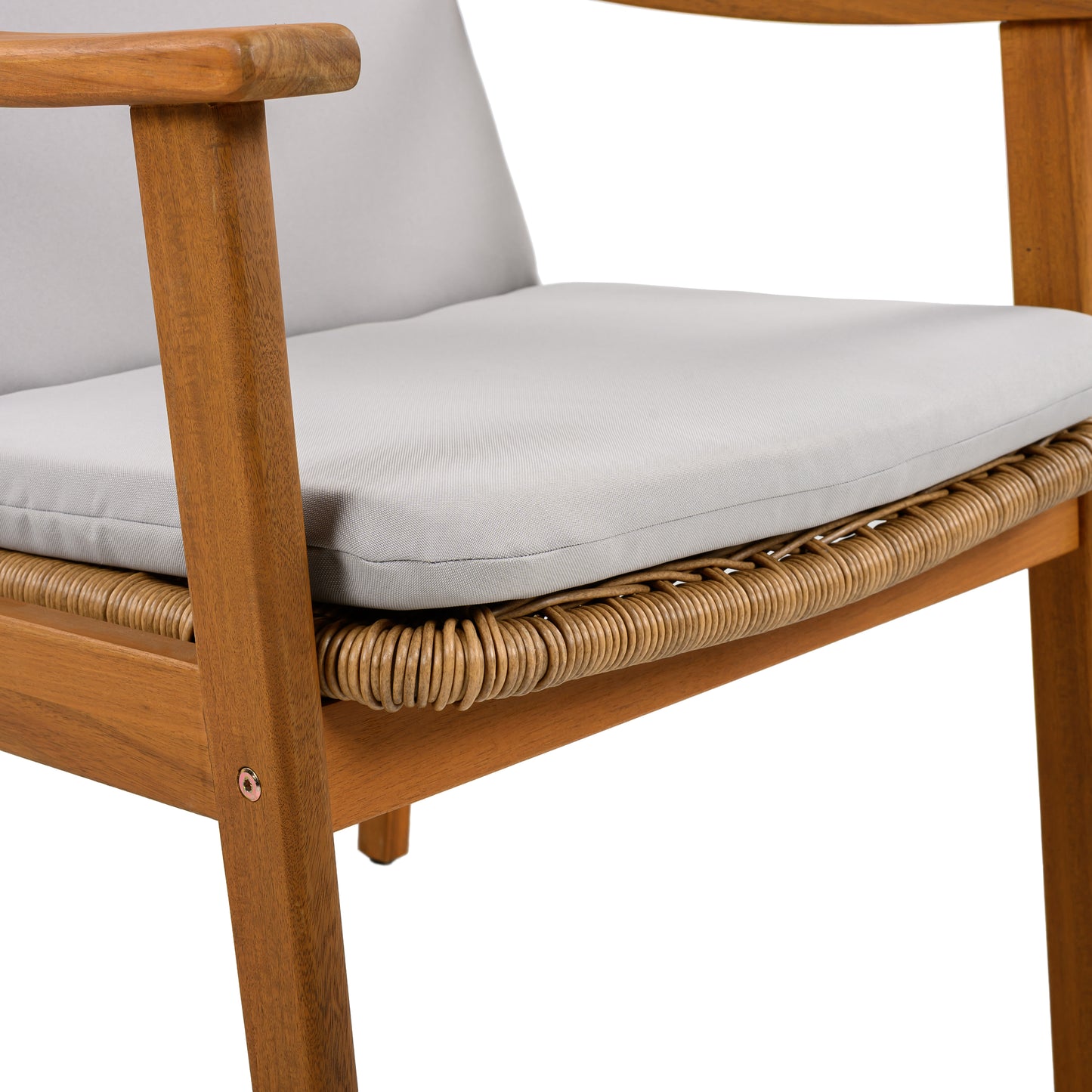 Outdoor Dining Chairs Set of 2, Teak Color Acacia Wood Frame, Brown PE Wicker, Grey Waterproof Cushion, Ideal for Patios, Gardens