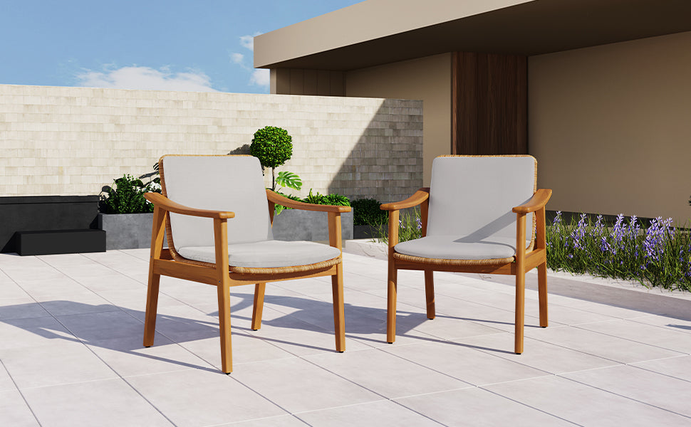 Outdoor Dining Chairs Set of 2, Teak Color Acacia Wood Frame, Brown PE Wicker, Grey Waterproof Cushion, Ideal for Patios, Gardens