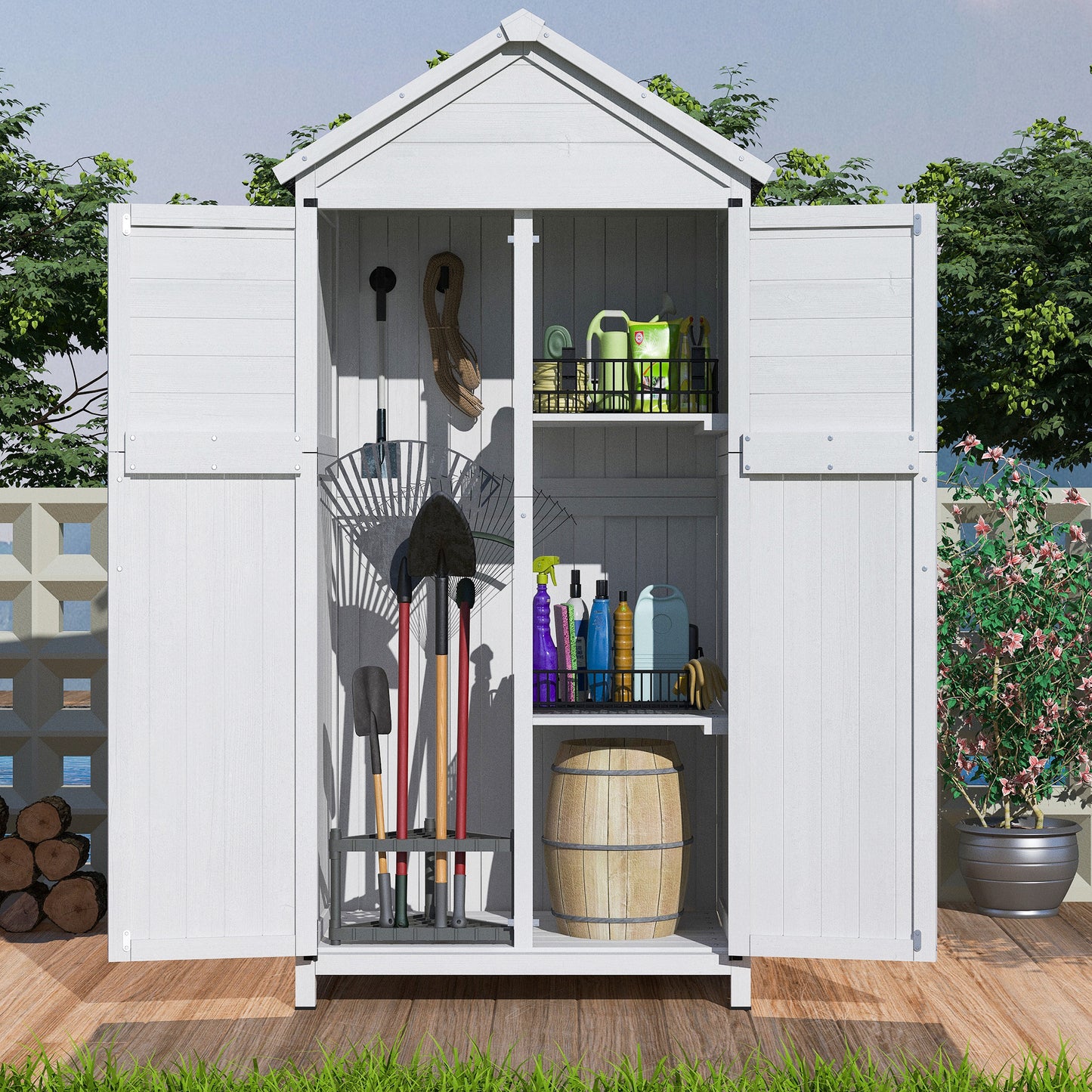 67" White Fir Wood Storage Shed with Double Doors