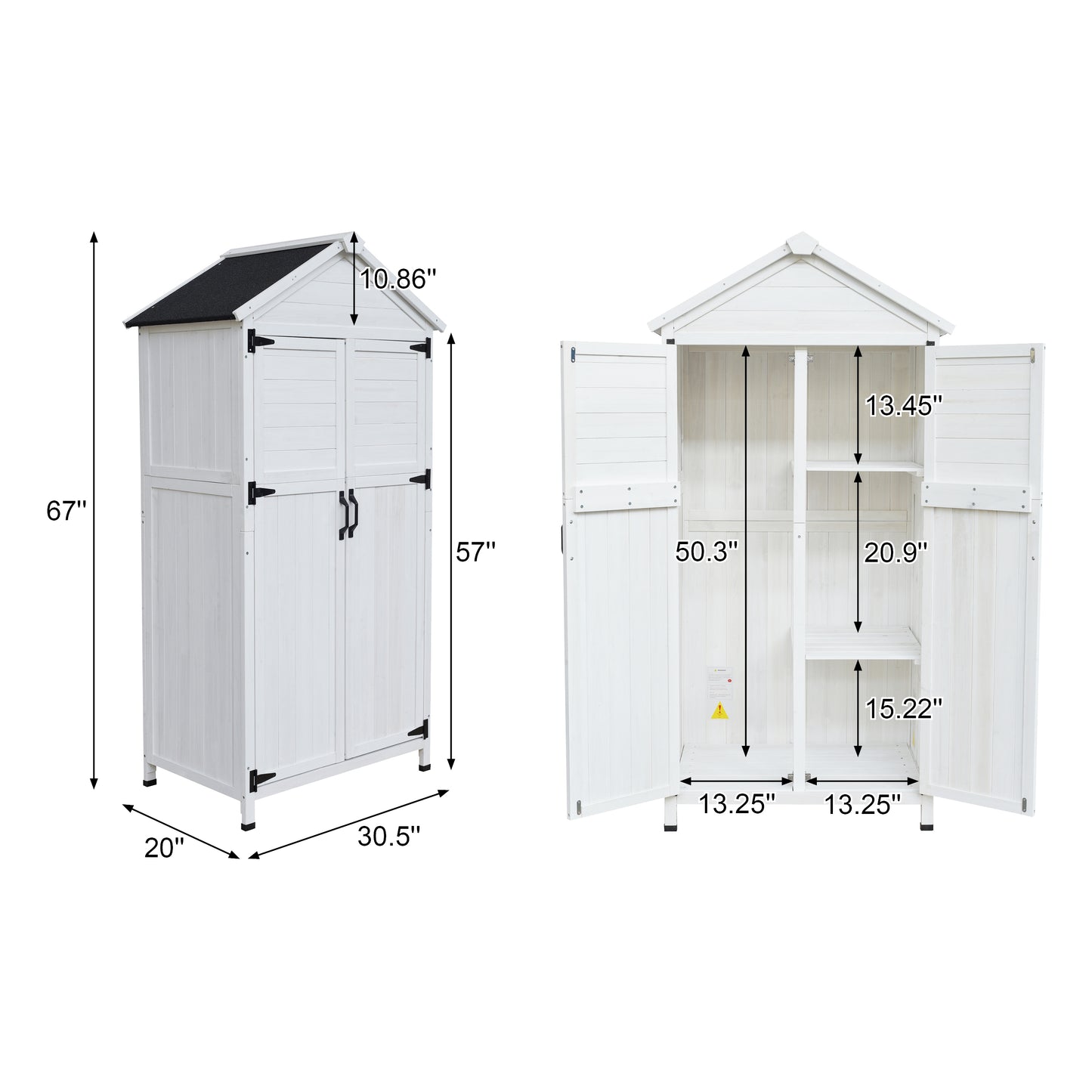 67" White Fir Wood Storage Shed with Double Doors