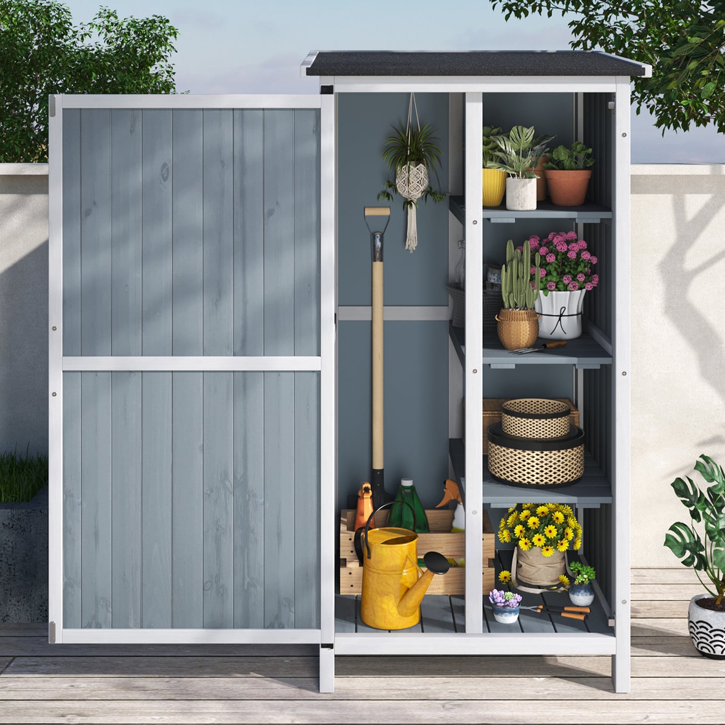 54" Two-Tone Storage Shed - Gray & White Design with Sloped Roof & 5 Compartments