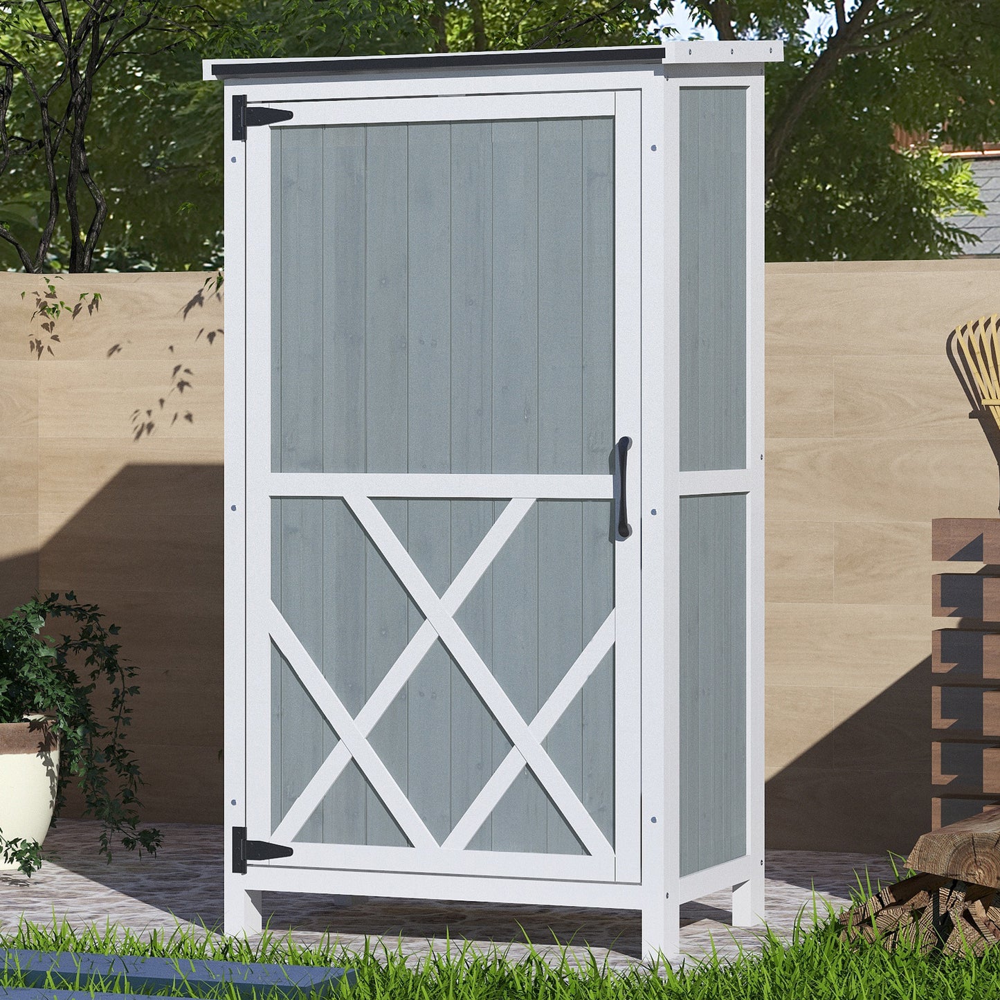 54" Two-Tone Storage Shed - Gray & White Design with Sloped Roof & 5 Compartments