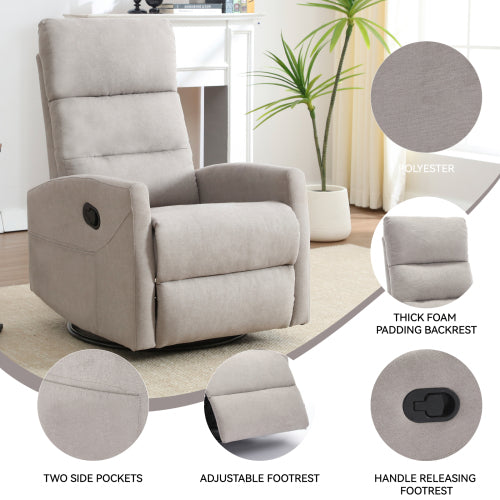 Manual Recliner Chair with Rocker and Swivel in Fabric for Living Room, Grey