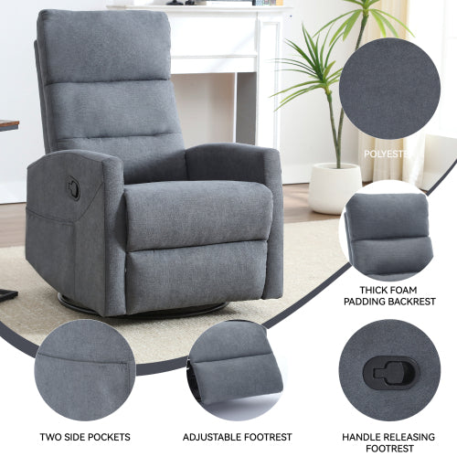 Manual Recliner Chair with Rocker and Swivel in Fabric for Living Room, Grey