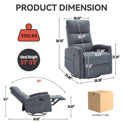 Manual Recliner Chair with Rocker and Swivel in Fabric for Living Room, Grey