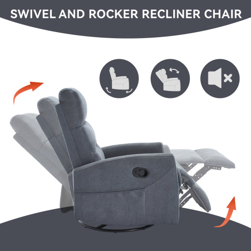 Manual Recliner Chair with Rocker and Swivel in Fabric for Living Room, Grey