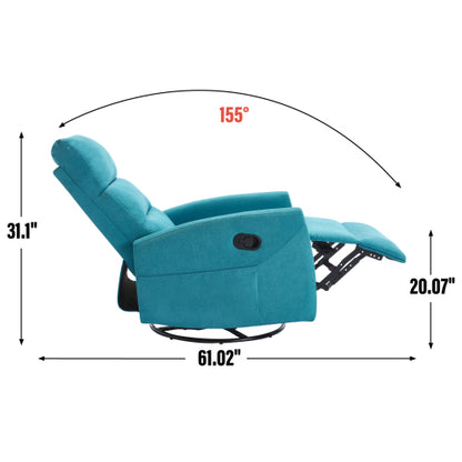 Manual Recliner Chair with Rocker and Swivel in Fabric for Living Room, Blue