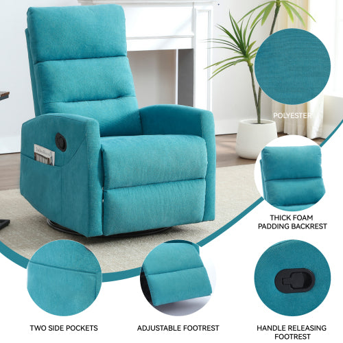 Manual Recliner Chair with Rocker and Swivel in Fabric for Living Room, Blue