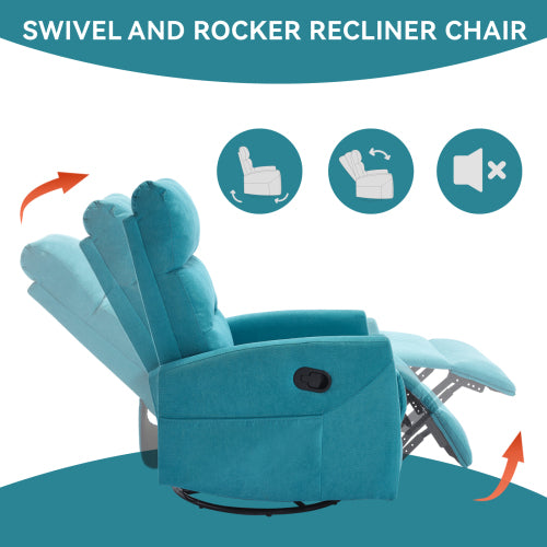 Manual Recliner Chair with Rocker and Swivel in Fabric for Living Room, Blue