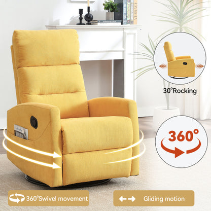 Manual Recliner Chair with Rocker and Swivel in Fabric for Living Room, Yellow