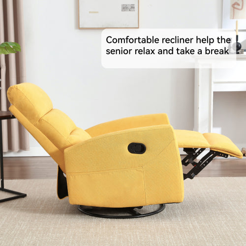 Manual Recliner Chair with Rocker and Swivel in Fabric for Living Room, Yellow