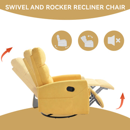 Manual Recliner Chair with Rocker and Swivel in Fabric for Living Room, Yellow