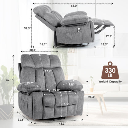Massage Swivel Rocker Recliner Chair, Massage Chair for Living Room with Vibrating Massage and Heating Function, Ergonomic Lounge Chair with Rocking Function and Side Pocket, USB Charging Port(Grey)