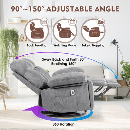 Massage Swivel Rocker Recliner Chair, Massage Chair for Living Room with Vibrating Massage and Heating Function, Ergonomic Lounge Chair with Rocking Function and Side Pocket, USB Charging Port(Grey)