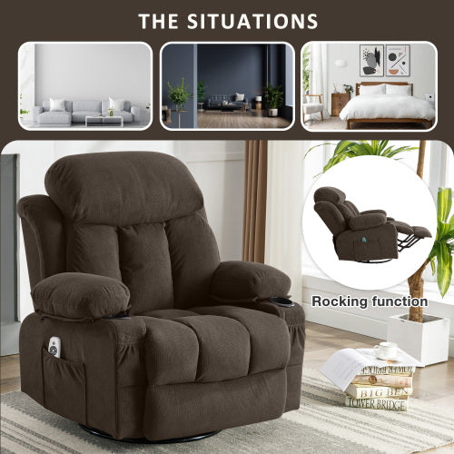 Swinging recliner massage heated sofa, with USB and 2 cup holders in side pockets, (Brown )