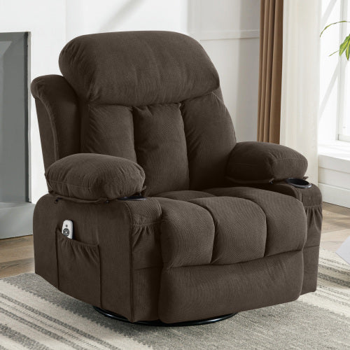 Swinging recliner massage heated sofa, with USB and 2 cup holders in side pockets, (Brown )