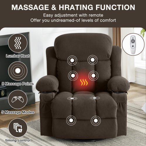 Swinging recliner massage heated sofa, with USB and 2 cup holders in side pockets, (Brown )
