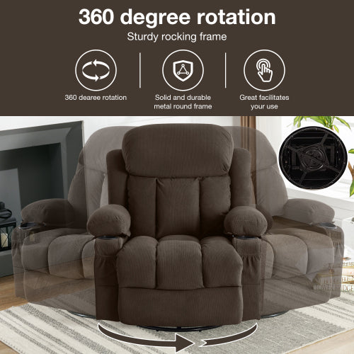 Swinging recliner massage heated sofa, with USB and 2 cup holders in side pockets, (Brown )
