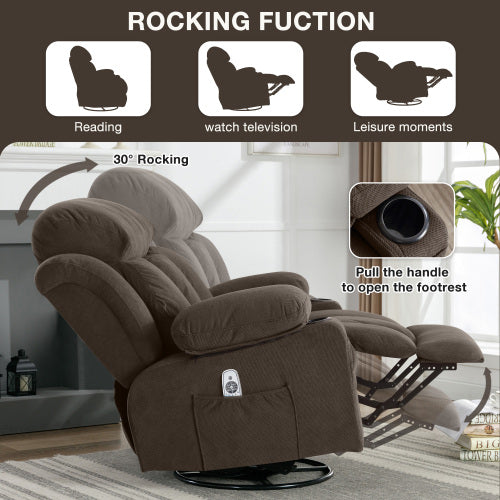 Swinging recliner massage heated sofa, with USB and 2 cup holders in side pockets, (Brown )