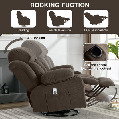 Swinging recliner massage heated sofa, with USB and 2 cup holders in side pockets, (Brown )