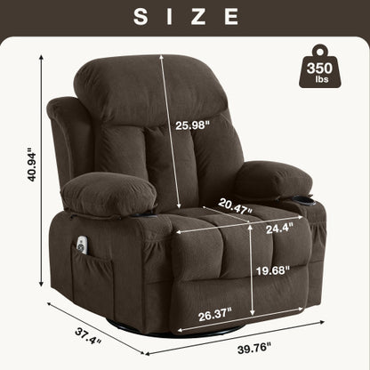 Swinging recliner massage heated sofa, with USB and 2 cup holders in side pockets, (Brown )