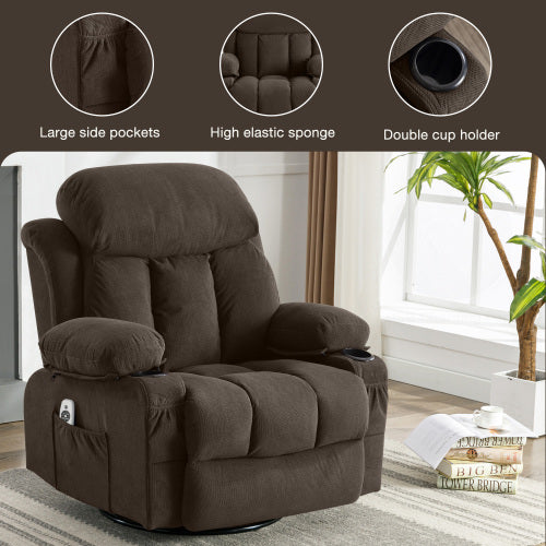 Swinging recliner massage heated sofa, with USB and 2 cup holders in side pockets, (Brown )