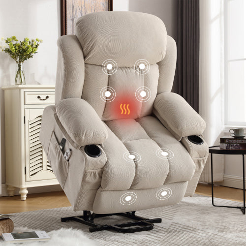 Power Lift Recliner Chair with Heat and Massage Electric Fabric Recliner Chair for Elderly with Side Pocket, USB Charge Port, Remote Control for Living Room (BEIGE)