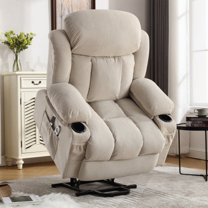 Power Lift Recliner Chair with Heat and Massage Electric Fabric Recliner Chair for Elderly with Side Pocket, USB Charge Port, Remote Control for Living Room (BEIGE)