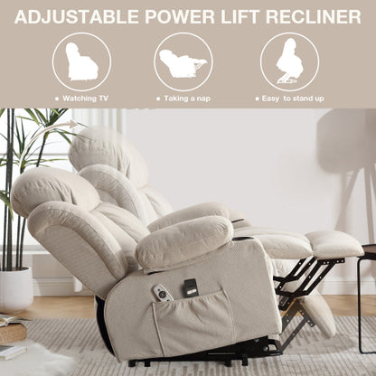 Power Lift Recliner Chair with Heat and Massage Electric Fabric Recliner Chair for Elderly with Side Pocket, USB Charge Port, Remote Control for Living Room (BEIGE)
