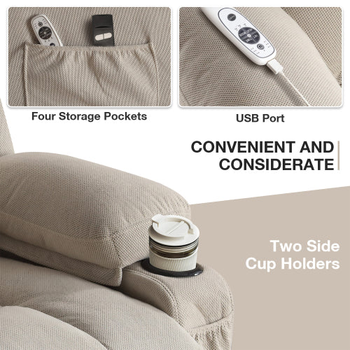 Power Lift Recliner Chair with Heat and Massage Electric Fabric Recliner Chair for Elderly with Side Pocket, USB Charge Port, Remote Control for Living Room (BEIGE)