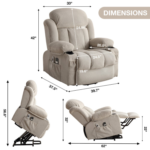 Power Lift Recliner Chair with Heat and Massage Electric Fabric Recliner Chair for Elderly with Side Pocket, USB Charge Port, Remote Control for Living Room (BEIGE)