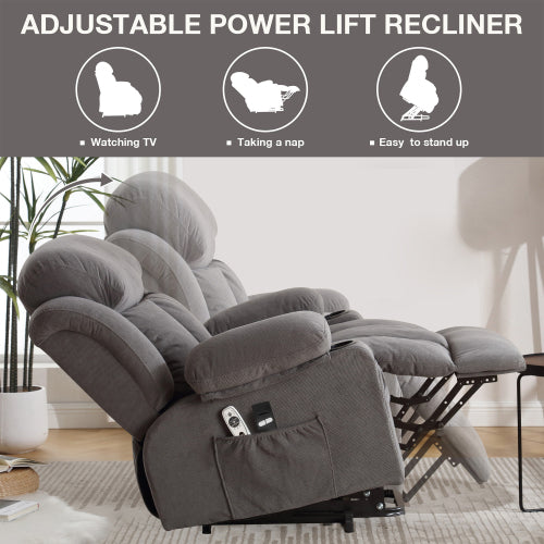 Power Lift Recliner Chair with Heat and Massage Electric Fabric Recliner Chair for Elderly with Side Pocket, USB Charge Port, Remote Control for Living Room (GREY)