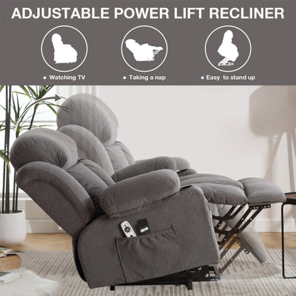 Power Lift Recliner Chair with Heat and Massage Electric Fabric Recliner Chair for Elderly with Side Pocket, USB Charge Port, Remote Control for Living Room (GREY)
