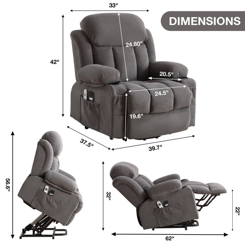 Power Lift Recliner Chair with Heat and Massage Electric Fabric Recliner Chair for Elderly with Side Pocket, USB Charge Port, Remote Control for Living Room (GREY)