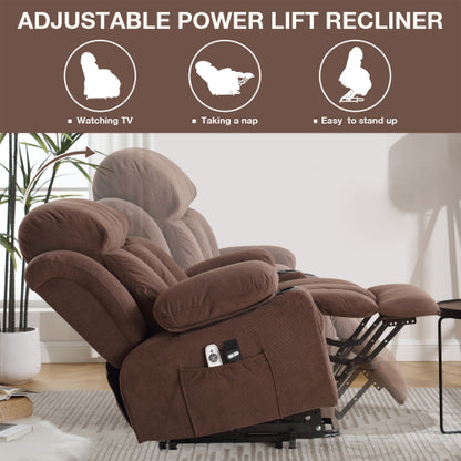 Power Lift Recliner Chair with Heat and Massage Electric Fabric Recliner Chair for Elderly with Side Pocket, USB Charge Port, Remote Control for Living Room (BROWN)