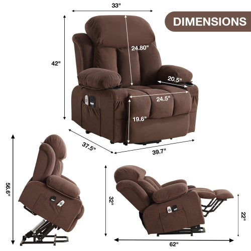 Power Lift Recliner Chair with Heat and Massage Electric Fabric Recliner Chair for Elderly with Side Pocket, USB Charge Port, Remote Control for Living Room (BROWN)
