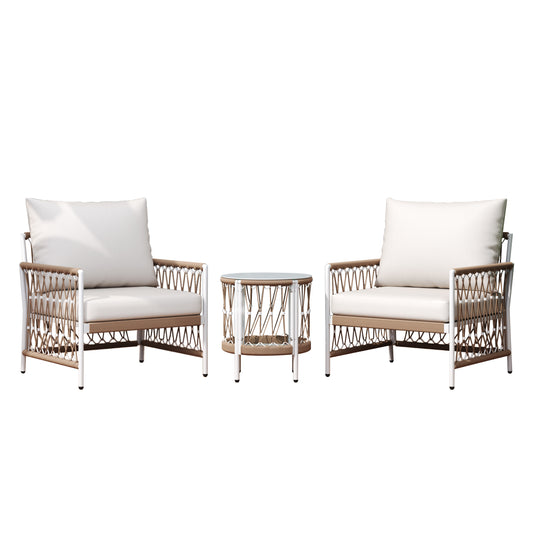 3-Piece Bohemian Outdoor Furniture Set with 2 Lounge Chairs & Glass Top Side Table - Handwoven Rope & Powder-Coated Steel Frame - Waterproof Cushions Patio Conversation Set for Garden, Poolside
