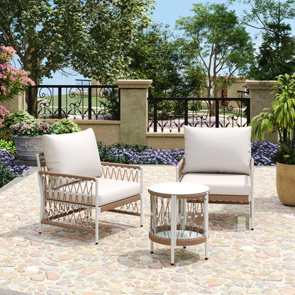 3-Piece Bohemian Outdoor Furniture Set with 2 Lounge Chairs & Glass Top Side Table - Handwoven Rope & Powder-Coated Steel Frame - Waterproof Cushions Patio Conversation Set for Garden, Poolside