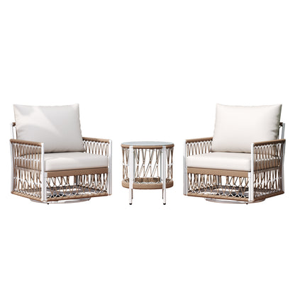 3-Piece Bohemian Outdoor Furniture Set with 2 Swivel Chairs & Glass Top Side Table - Handwoven Rope & Powder-Coated Steel Frame - Waterproof Cushions Patio Conversation Set for Garden, Poolside
