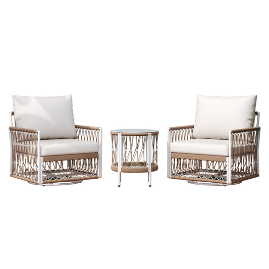 3-Piece Bohemian Outdoor Furniture Set with 2 Swivel Chairs & Glass Top Side Table - Handwoven Rope & Powder-Coated Steel Frame - Waterproof Cushions Patio Conversation Set for Garden, Poolside