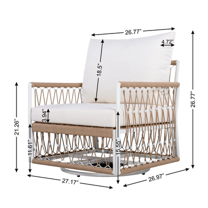 3-Piece Bohemian Outdoor Furniture Set with 2 Swivel Chairs & Glass Top Side Table - Handwoven Rope & Powder-Coated Steel Frame - Waterproof Cushions Patio Conversation Set for Garden, Poolside