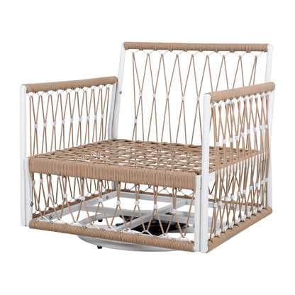 3-Piece Bohemian Outdoor Furniture Set with 2 Swivel Chairs & Glass Top Side Table - Handwoven Rope & Powder-Coated Steel Frame - Waterproof Cushions Patio Conversation Set for Garden, Poolside