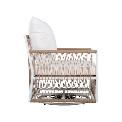 3-Piece Bohemian Outdoor Furniture Set with 2 Swivel Chairs & Glass Top Side Table - Handwoven Rope & Powder-Coated Steel Frame - Waterproof Cushions Patio Conversation Set for Garden, Poolside