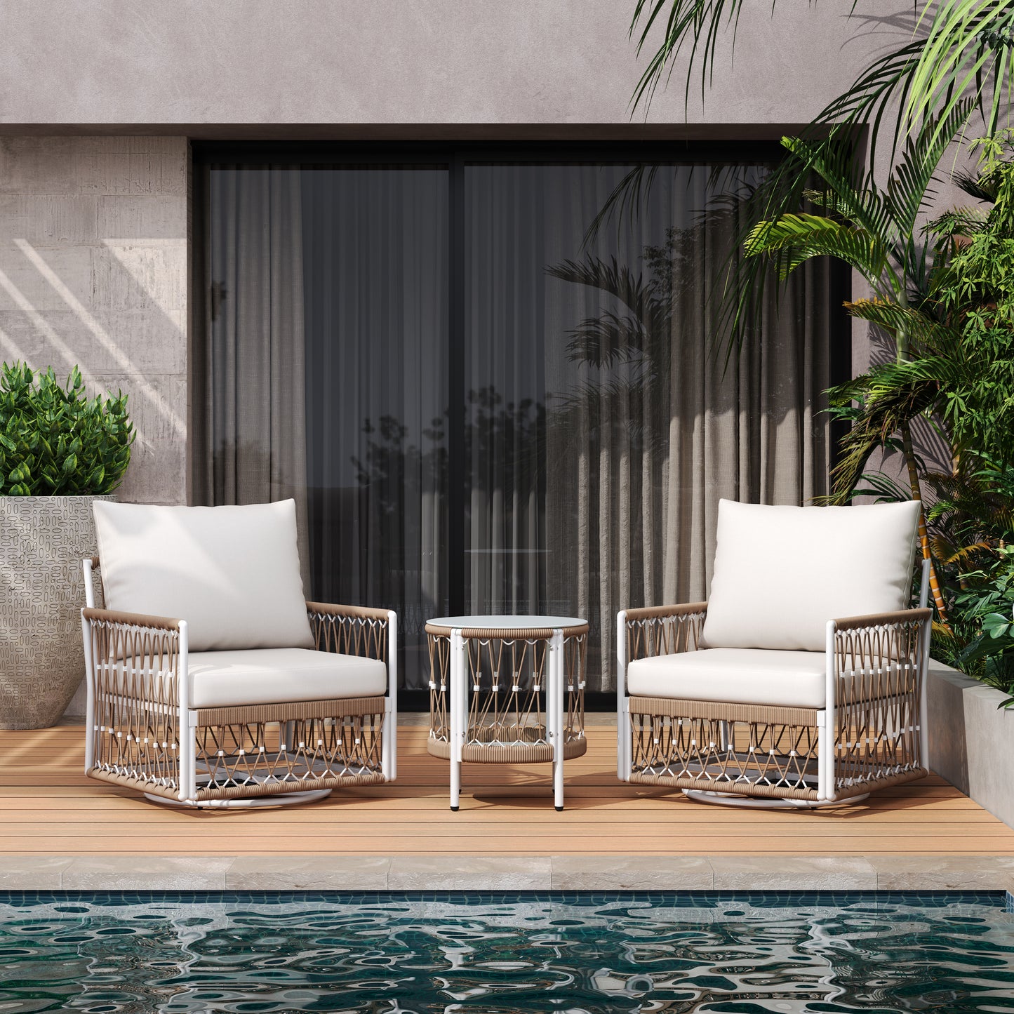 3-Piece Bohemian Outdoor Furniture Set with 2 Swivel Chairs & Glass Top Side Table - Handwoven Rope & Powder-Coated Steel Frame - Waterproof Cushions Patio Conversation Set for Garden, Poolside