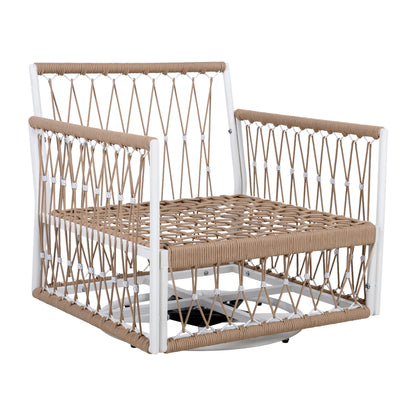 3-Piece Bohemian Outdoor Furniture Set with 2 Swivel Chairs & Glass Top Side Table - Handwoven Rope & Powder-Coated Steel Frame - Waterproof Cushions Patio Conversation Set for Garden, Poolside