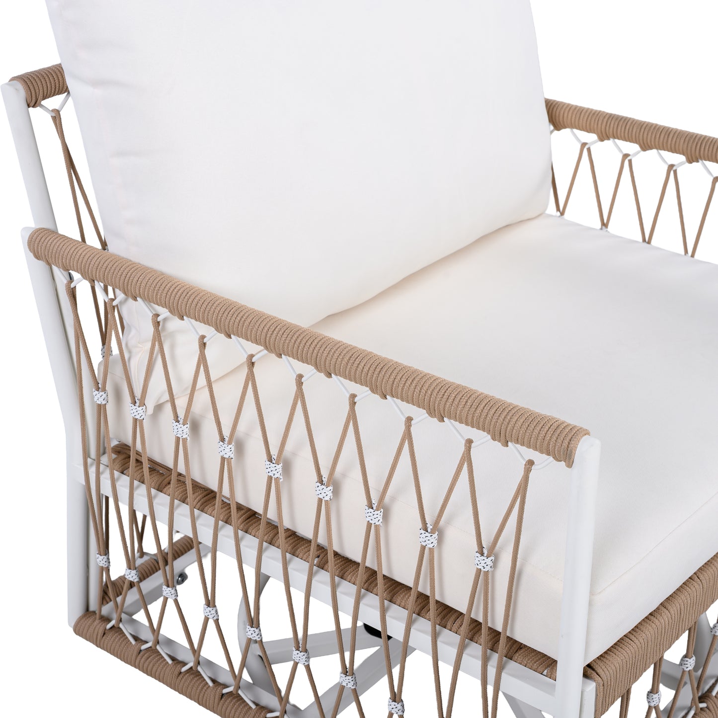 3-Piece Bohemian Outdoor Furniture Set with 2 Swivel Chairs & Glass Top Side Table - Handwoven Rope & Powder-Coated Steel Frame - Waterproof Cushions Patio Conversation Set for Garden, Poolside