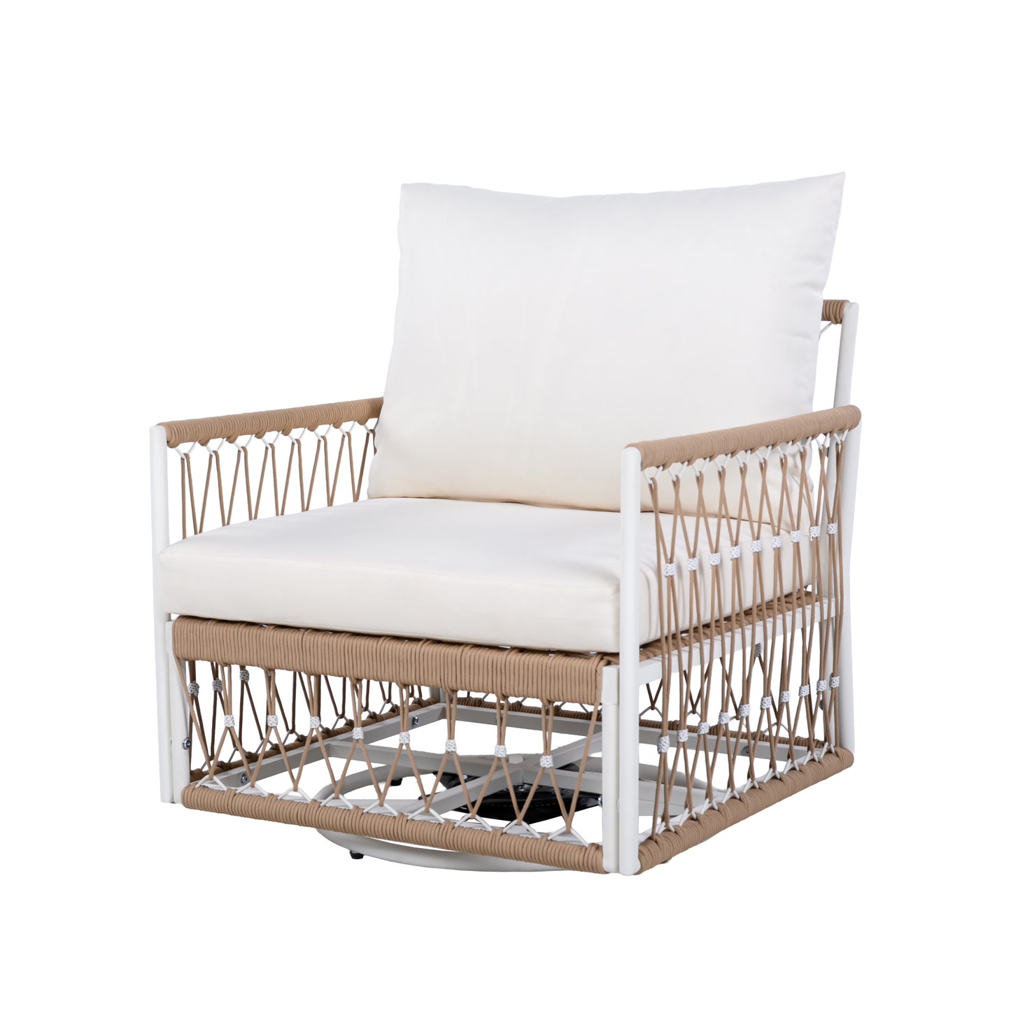 3-Piece Bohemian Outdoor Furniture Set with 2 Swivel Chairs & Glass Top Side Table - Handwoven Rope & Powder-Coated Steel Frame - Waterproof Cushions Patio Conversation Set for Garden, Poolside