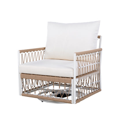 3-Piece Bohemian Outdoor Furniture Set with 2 Swivel Chairs & Glass Top Side Table - Handwoven Rope & Powder-Coated Steel Frame - Waterproof Cushions Patio Conversation Set for Garden, Poolside