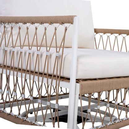 3-Piece Bohemian Outdoor Furniture Set with 2 Swivel Chairs & Glass Top Side Table - Handwoven Rope & Powder-Coated Steel Frame - Waterproof Cushions Patio Conversation Set for Garden, Poolside