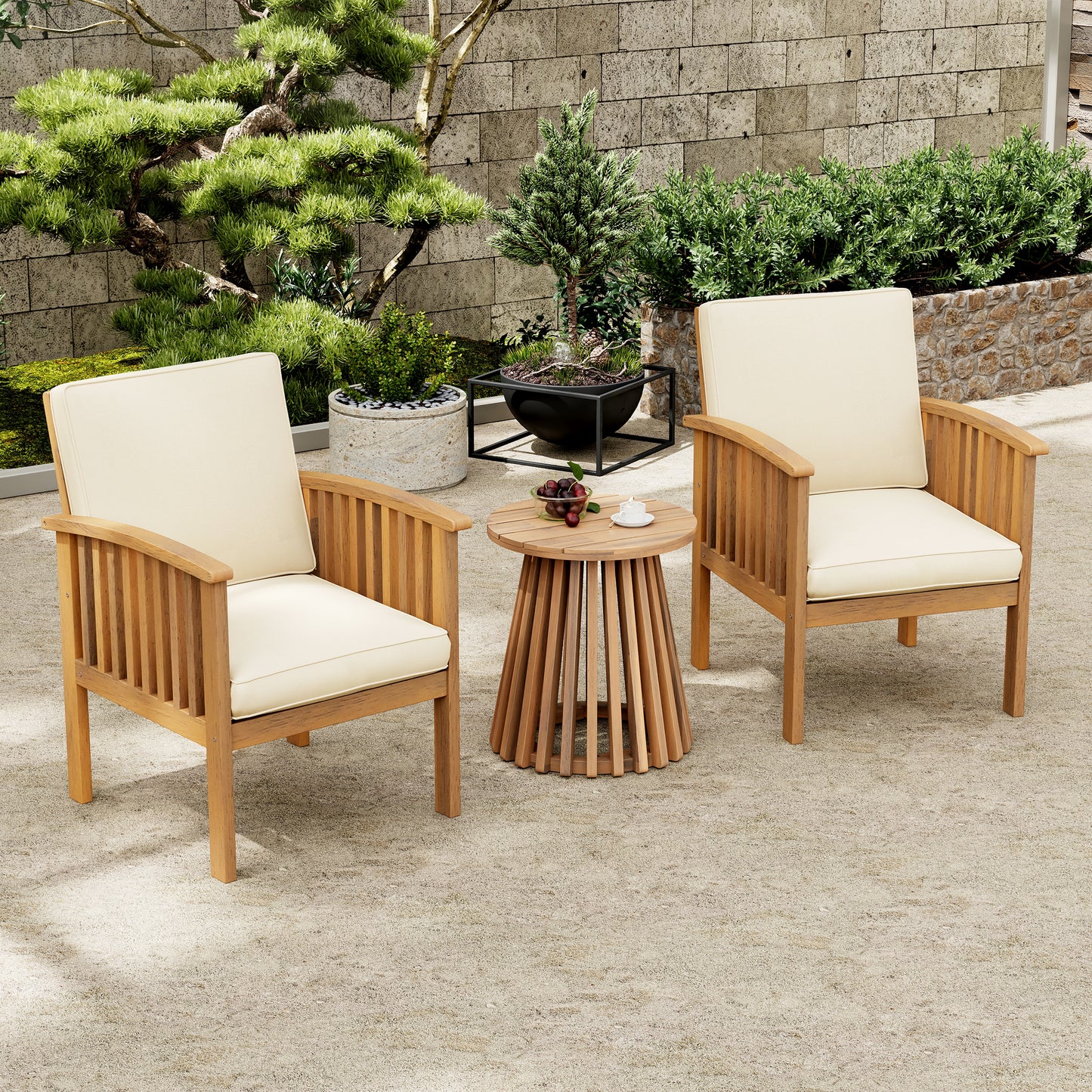 Patio Set Outdoor Acacia Wood Furniture Sets-Modern Club Chair Conversation Sets with Side Table for Garden, Patio & Deck ( Brown Patina+Cream Cushion)